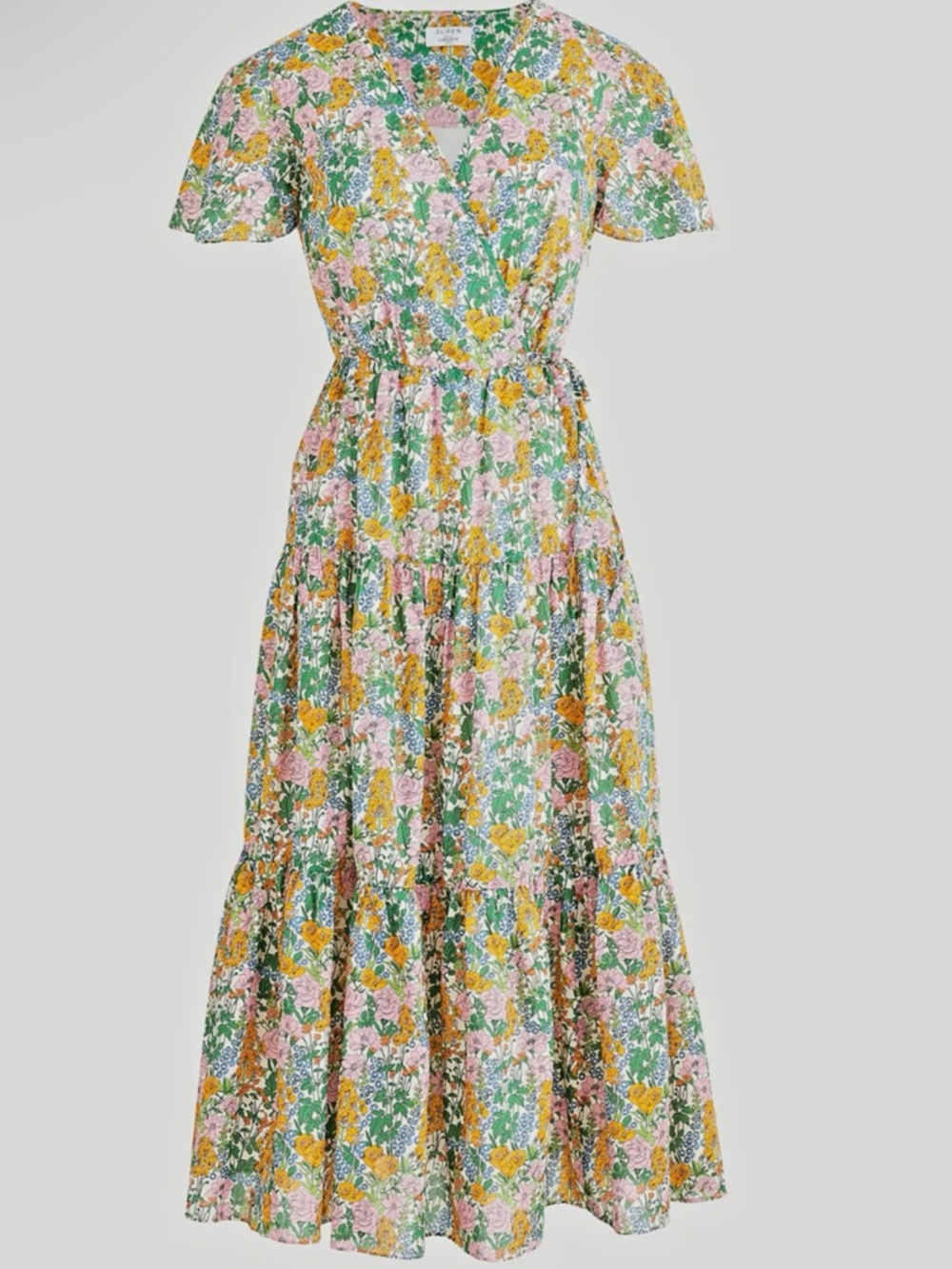 J. Crew Floral Wrap Tiered Maxi Dress - Green, Pink & Yellow